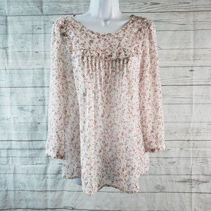 Gap Womens Blouse Sz Small Pink White Floral Long‎ Sleeve Semi Sheer Ruffle